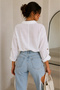 Women's White Cotton Linen Double Pocket Wooden Button Pinterest Oversize Shirt - 2