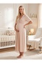 New Season Beige Short-Sleeved Buttoned Design with Breastfeeding Feature, Ribbed Summer 100% Cotton Maternity Nightgown