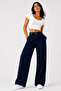 Women's Pearl Belted Palazzo Oversize Wide Cut Flowy Lycra Pants with Belt