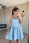 Baby Blue Women's Strappy Lace Detailed Openwork Linen Dress - 2