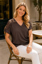 Women's Short Sleeve V-Neck Lace Guipure Detailed Lycra Flexible Comfortable Fit Daily Brown Blouse - 7