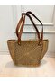 Handmade Wicker Shoulder Bag with Brown Leather Handles, Handmade Look, Large Beach and Casual Women's Bag - 6