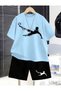 Boy's Football Player Printed Baby Blue Combed Cotton T-Shirt Black Shorts Set