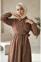 Half-Buttoned Elastic Waist Striped Dress 0320-02 Brown - 3