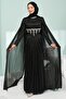 Black Stone Embroidered Corseted Pleated Evening Dress