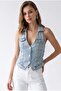 2212 Women's Pearl Detailed Backless Denim Vest Blue