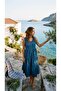 Women's Blue Denim Look Sleeveless V-Neck Buttoned Layered Long Dress with Pockets - 4