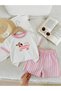 Girl's Dog Printed Pink Ribbed White T-Shirt - Striped Pink-White Shorts Set - 2