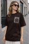 Women's Brown Fringe Detailed Pocket Printed Crew Neck Oversize Short Sleeve T-Shirt - 2