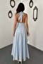 Women's Blue Strappy Linen Dress - 5