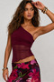 One-Shoulder Tulle Detailed Stretch Fabric Burgundy Blouse - 4