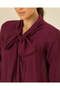 Women Burgundy Plain Tie Neck Long Sleeve Blouse - 4