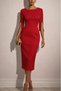 Women's Short Slit Sleeves Pearl Detailed Round Neck Midi Imported Crepe Dress