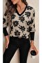 Women's Long Sleeve V-Neck Patterned Single Jersey Blouse - 3