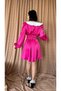 Women's Fuchsia Baby Collar Long Balloon Sleeve Gathered Mini Flared Dress - 5