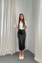 Women's Black Faux Leather Drawstring Detailed High Waist Slit Midi Pencil Skirt - 2