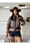 Trend Laminated Sleeves and Plush Belt Inside Crop Jacket Coat - 3
