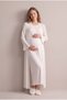 Women's Ecru Double-Breasted Collar Maternity Nightgown Set with Nursing Detail and Dressing Gown - 3