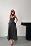 Women's Black Polka Dot Strappy Square Neck Buttoned Pocketed Maxi Dress