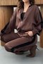 Women's Brown Satin Tracksuit Set with Velvet Stripes, Zipper, High Collar and Elastic Cuffs - 4