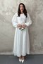 Women's White Long Sleeve Gathered Balloon Sleeve Round Neck Maxi Dress - 2