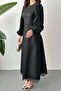 Women's Black Long Dress Embossed Textured Lace Hem Belted Balloon Sleeves - 4