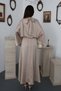 Women's Beige Jacquard Satin Dress High Neck Bat Sleeve Elastic Waist Maxi - 5