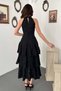 Women's Black Halter Neck Floral Embroidered Belted Layered Flounce Midi Dress - 5