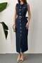 Women's Blue Sleeveless Belted Buttoned Pocketed Slit Maxi Denim Dress - 4