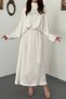 Women's Ecru Jacquard Satin Dress High Neck Bat Sleeve Elastic Waist Maxi - 4