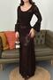 Women's Brown Maxi Knitwear Dress Openwork Knitted Patterned U-Neck Spanish Sleeve - 4