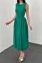 Women's Green Sleeveless Round Neck Gathered Side Midi Length Flared Dress - 4