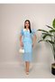 Women's Pink - Pink Polka Dot Midi Pencil Dress with Baby Collar and Lace Detail, Balloon Sleeves - 2