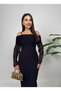 Women's Black - Black Off-The-Shoulder Pearl Detailed Tulle Sleeves Strappy Draped Long Dress