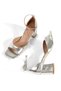 Silver Lame Color Short Heeled Sandals Thick Strapped Open Front Blunt Toe Shoes Muzi - 5