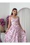 Women's Pink Floral Patterned Halter Neck Gathered Waist Midi Dress