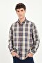 Men's Regular Fit Button-Down Collar Long Sleeve Beige Plaid Shirt - 3