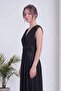 Women's Double-Breasted Collar Padded Pleated Long Evening Dress Navy Blue, Black - 4
