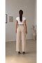 Women's Beige Lycra Button Detailed Pleated Palazzo Pants High Waist Scuba Crepe Wide Leg Trousers (Promotional Price) - 6