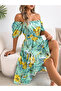 Green Floral Square Neck A-Line Midi Dress - 5