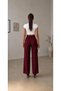 Women's Burgundy Lycra Button Detailed Pleated Palazzo Trousers High Waist Scuba Crepe Wide Leg Pants (Promotional Price) - 6