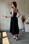 Chest Detailed Flounce Flared Strap Midi Black Dress - 4
