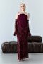 Burgundy Strapless Corset Detailed Sequin Embroidered Long Evening Dress