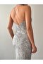 Women's Gray Midi Dress with Straps, V-Neck, Sequins, and Open Back - 8