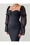 Women's Black Midi Dress with Heart Collar, Gathered Bust Detail, Chiffon Balloon Sleeves - 7