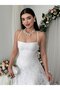 Women's Ecru Strappy Back Tie Square Neck Lace Long Evening Dress - 5