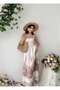 Women's Ecru Strappy Square Neck Linen Midi Dress with Floral Pattern and Drawstring - 7
