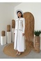 Women's White Midi Dress with Crew Neck, Long Sleeves, Button and Pocket Cover Detail - 7