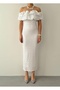 Women's White Strapless Sequined Ruffle Detailed Boat Neck Midi Evening Dress - 2