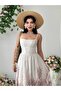 Women's Ecru Strappy Square Neck Linen Midi Dress with Floral Pattern and Drawstring